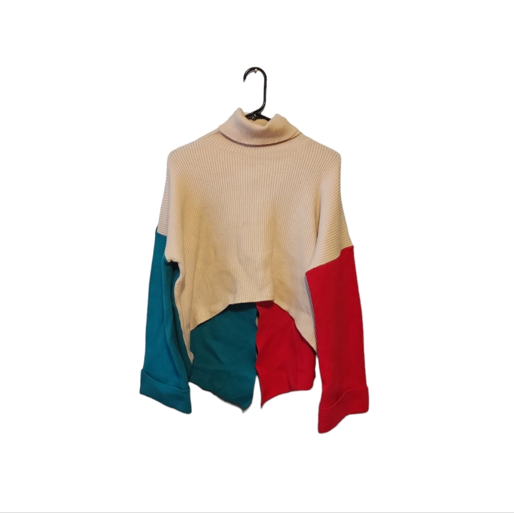 NWT Blue B Sweater Size M/L Cropped Turtleneck Lagenlook Colorblock Artsy Cabin